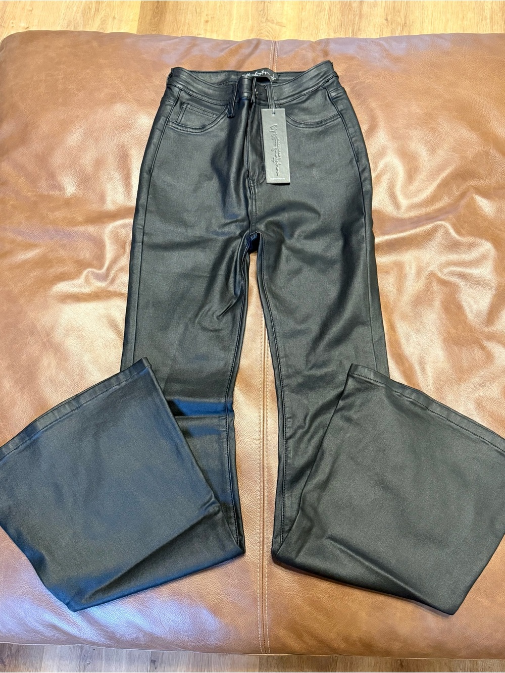 High-Rise Black Faux Leather Women’s Jeans with Flared Leg